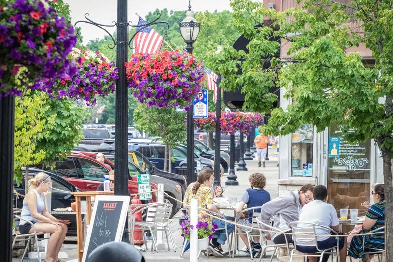 Historic downtown Crystal Lake, Illinois with brick storefronts along the main street