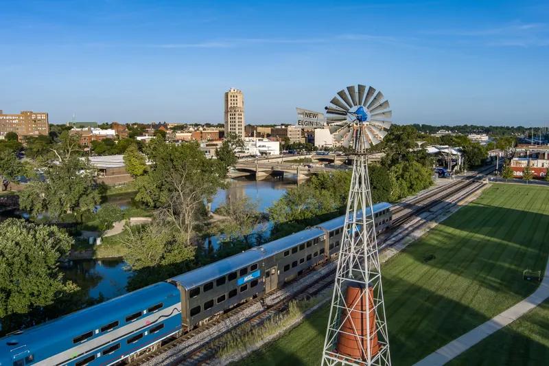 Downtown Elgin, Illinois skyline with the iconic Elgin Tower Building