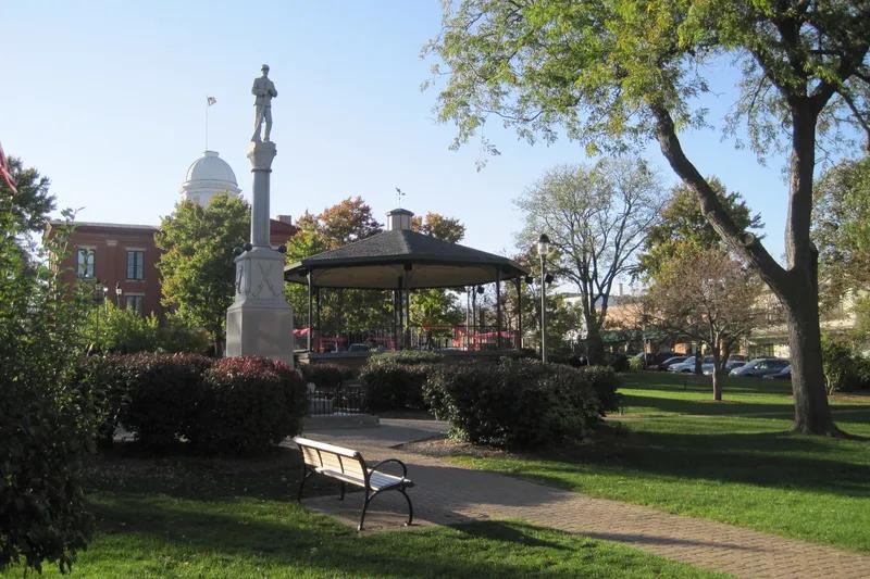 Woodstock Town Square with its iconic gazebo and Civil War monument, filming location for Groundhog Day