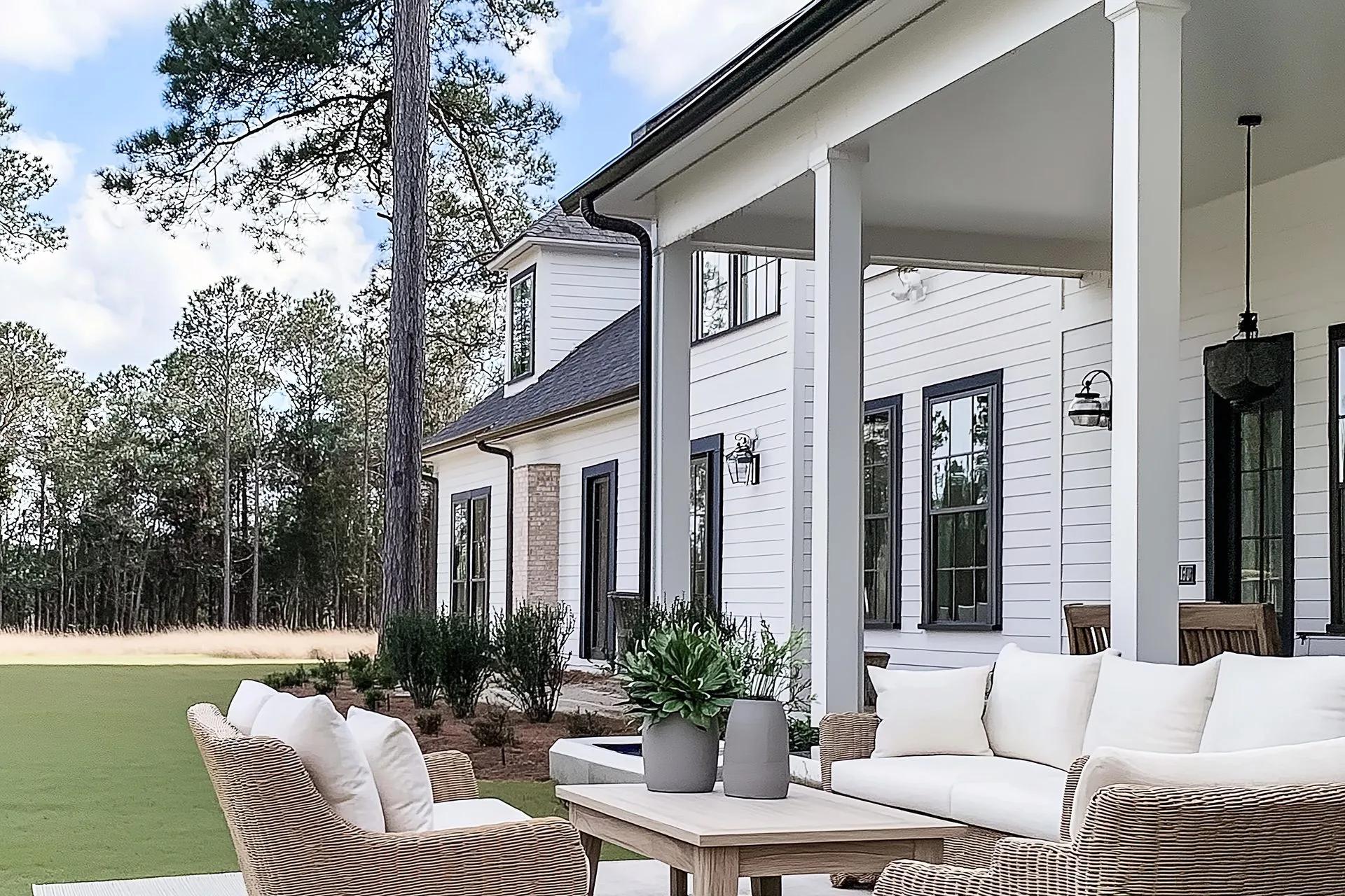 White farmhouse with a covered back porch and comfortable seating