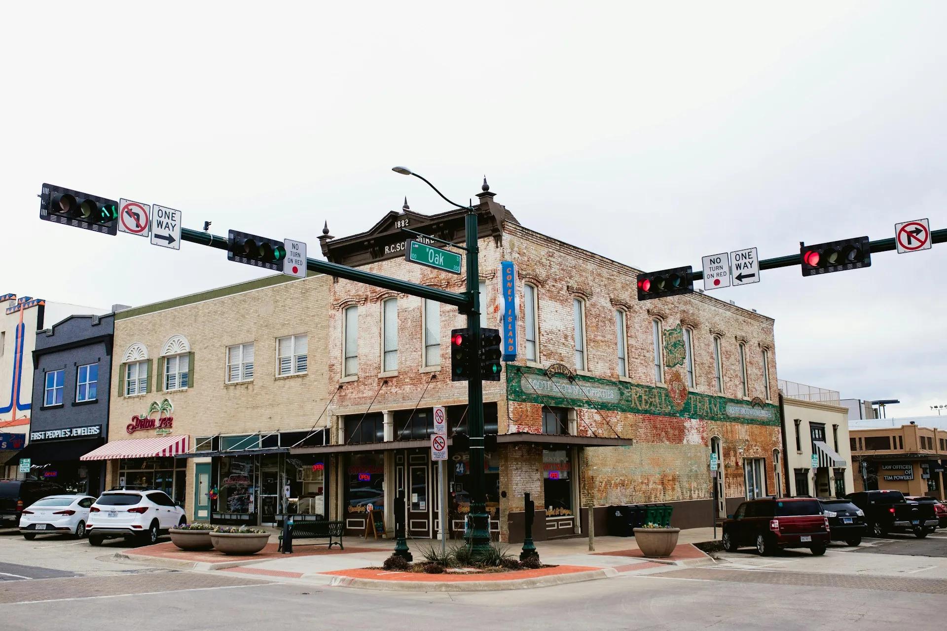 Historic brick storefronts along a charming small-town main street in the Midwest
