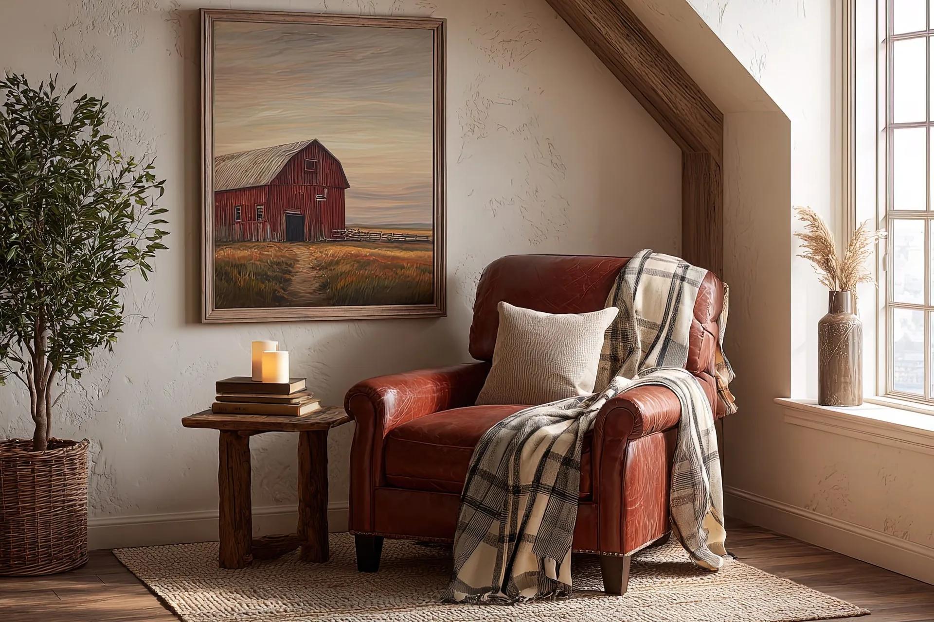 Cozy farmhouse-style reading nook with a leather armchair and books