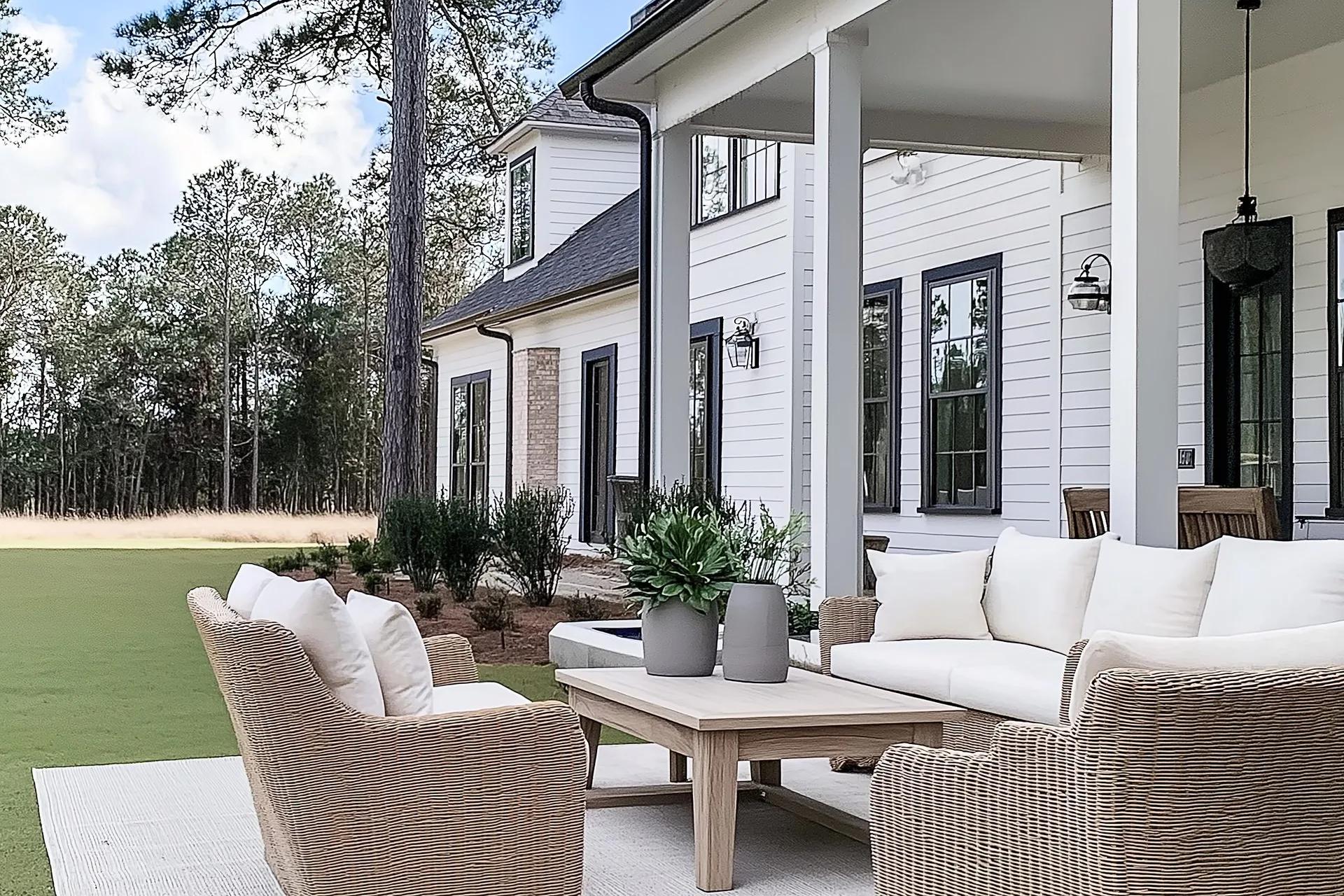 Welcoming farmhouse with a covered porch, cozy seating, and a green lawn