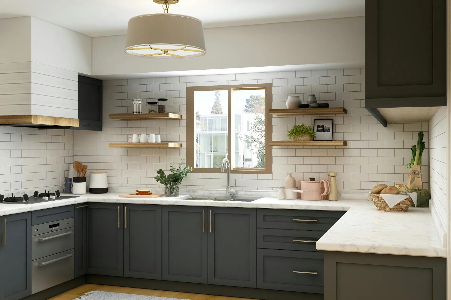 Beautiful farmhouse-style kitchen with shaker cabinets and marble countertops