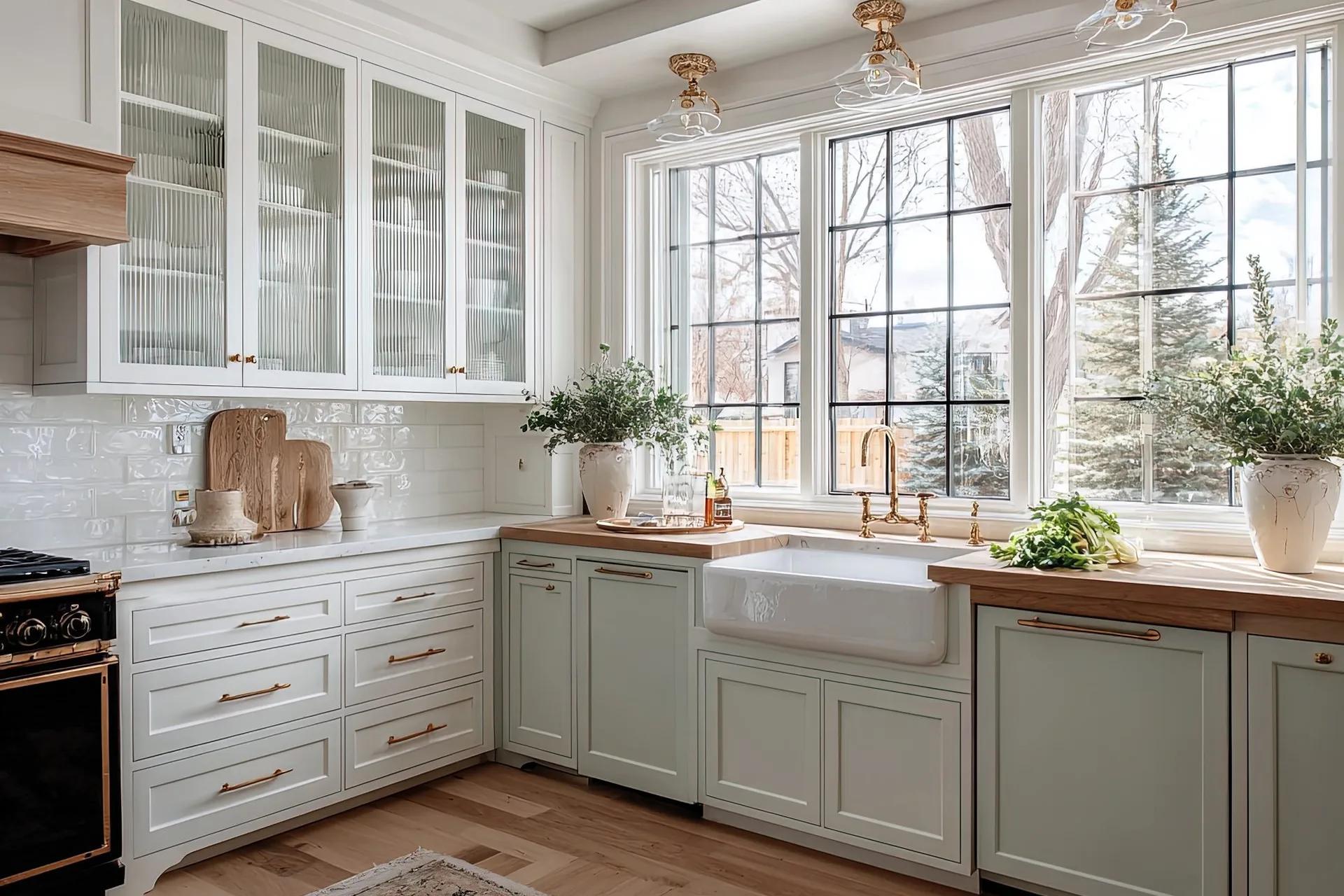Farmhouse-style kitchen with sage green cabinets and a butcher block island