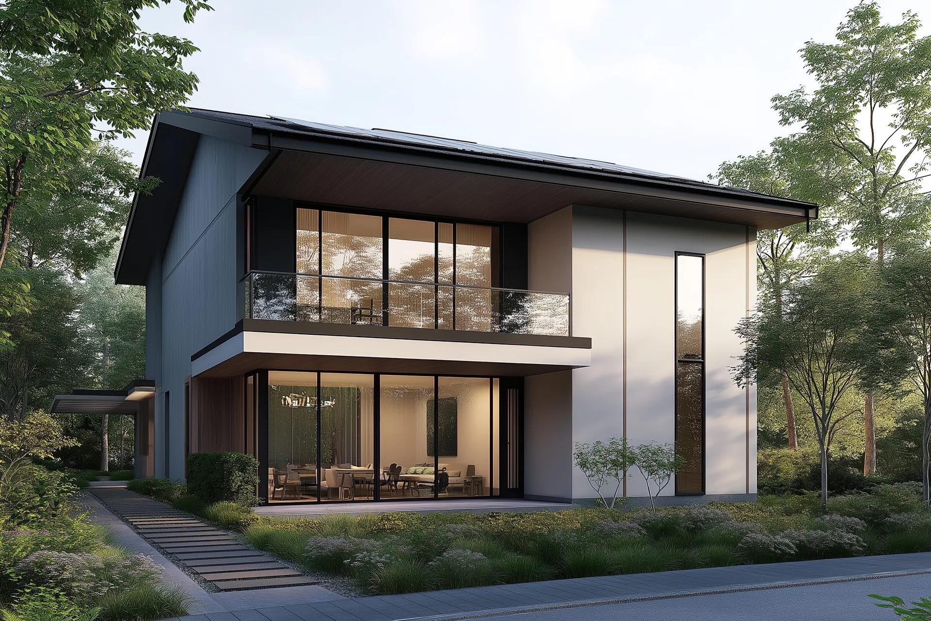 Modern suburban home with mature trees and landscaping in Northern Illinois