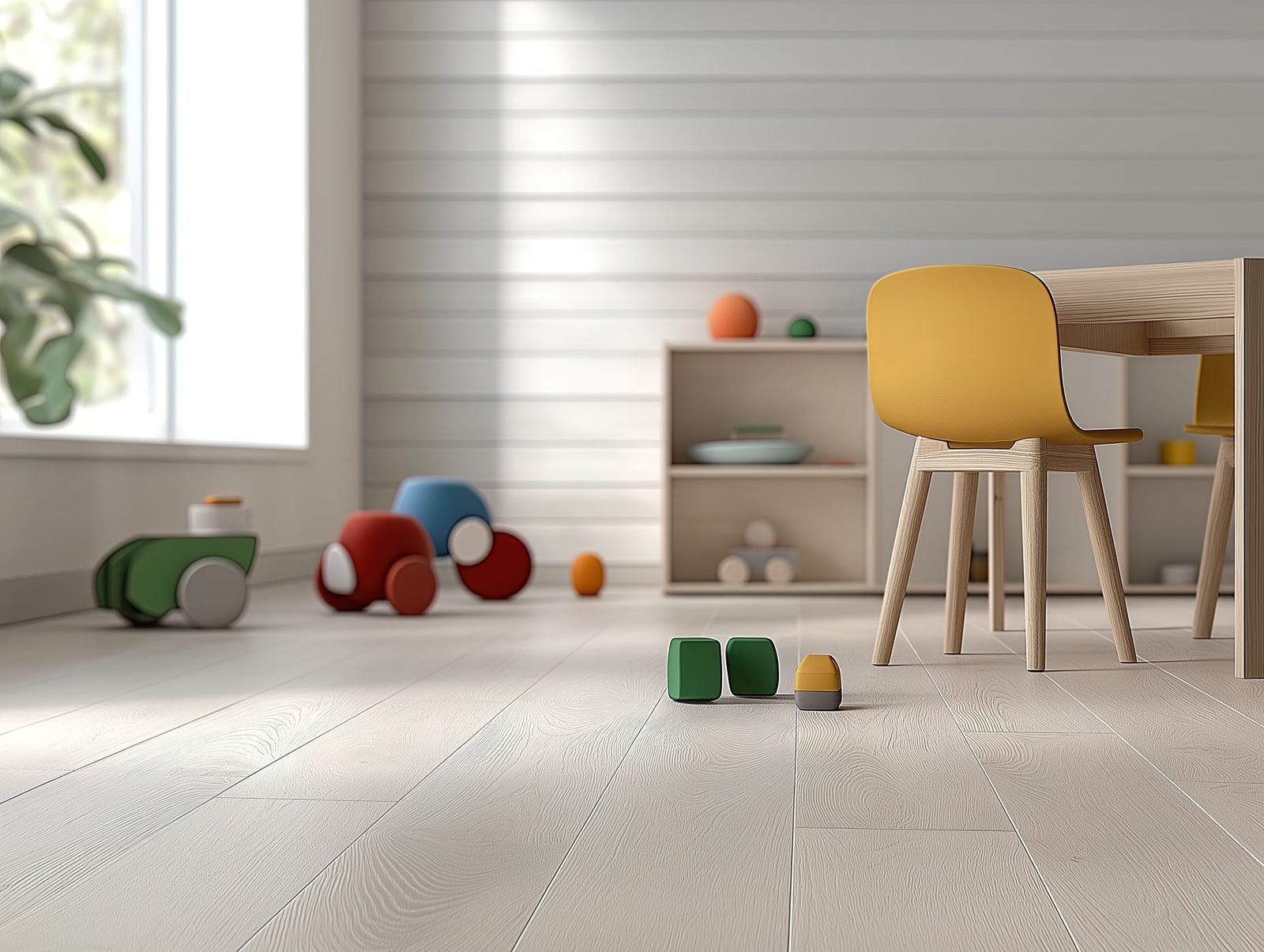 A bright, organized playroom in a home a family has just settled into