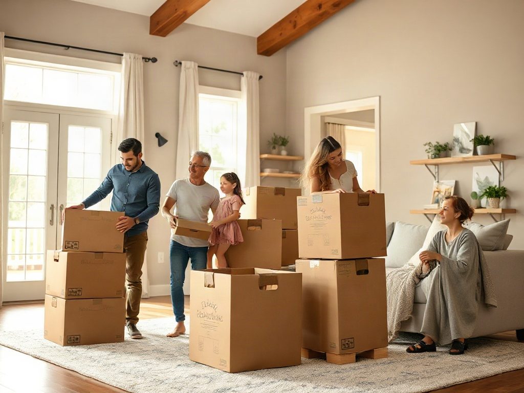 A family unpacking moving boxes in their new home's living room