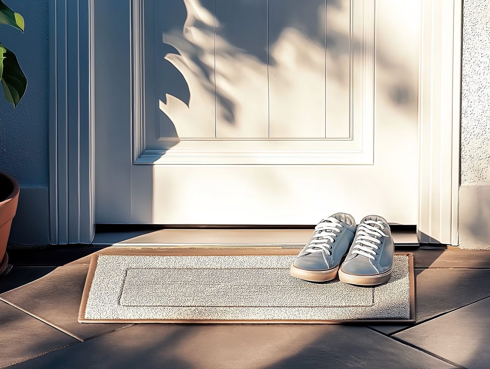 A warm, sunlit entryway with a doormat welcoming you home