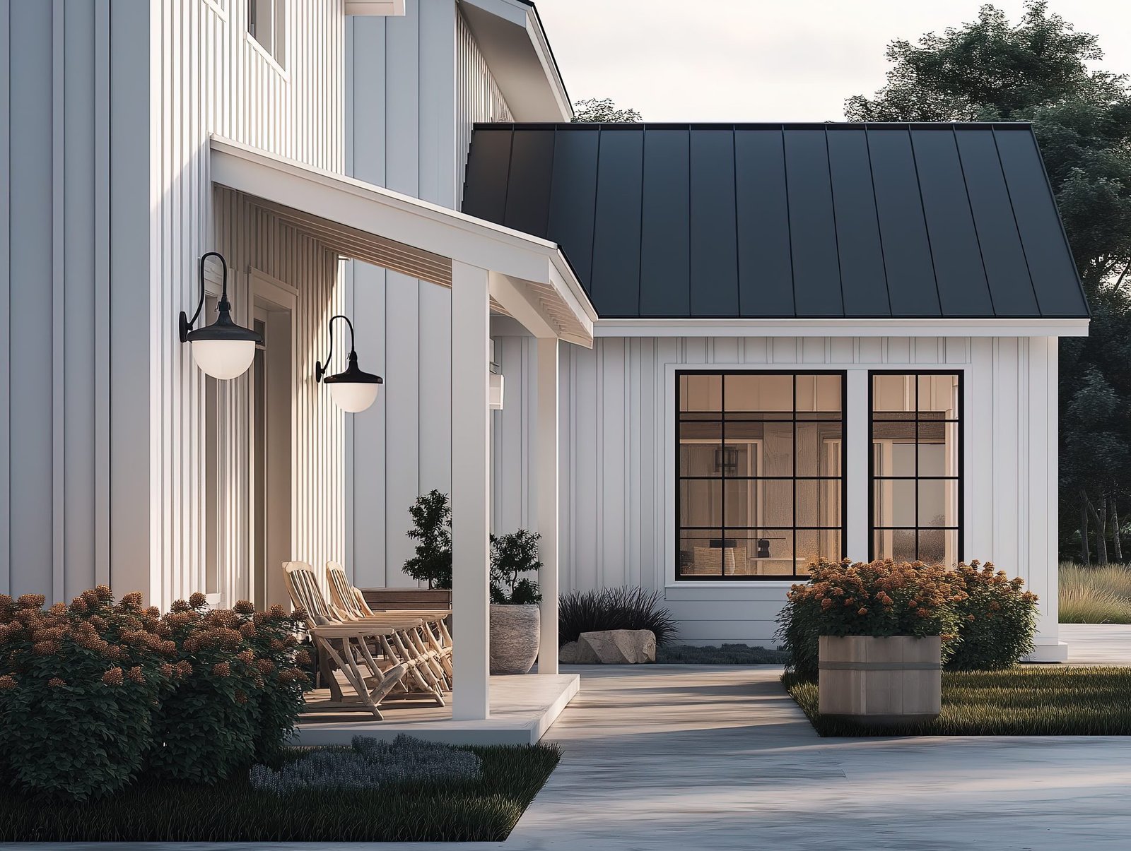 A modern farmhouse-style home exterior in a Crystal Lake-area neighborhood