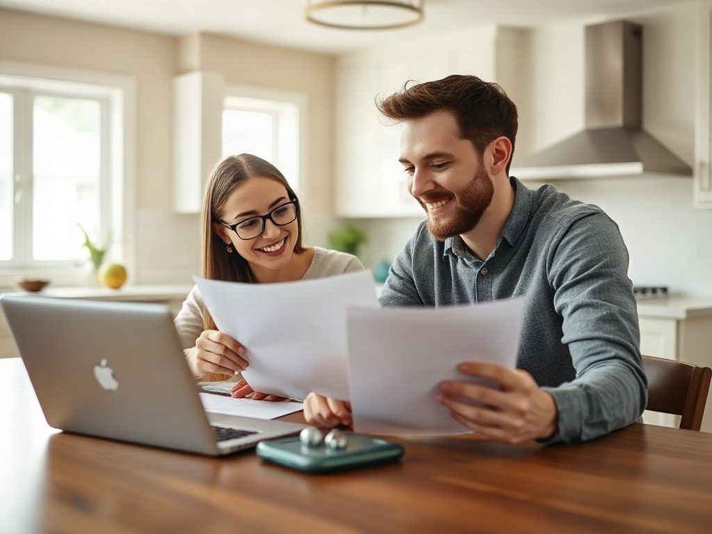 A couple reviewing mortgage paperwork together at their kitchen table
