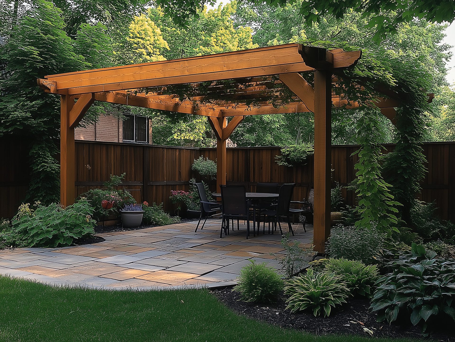 A cedar pergola over a flagstone patio in a well-landscaped backyard