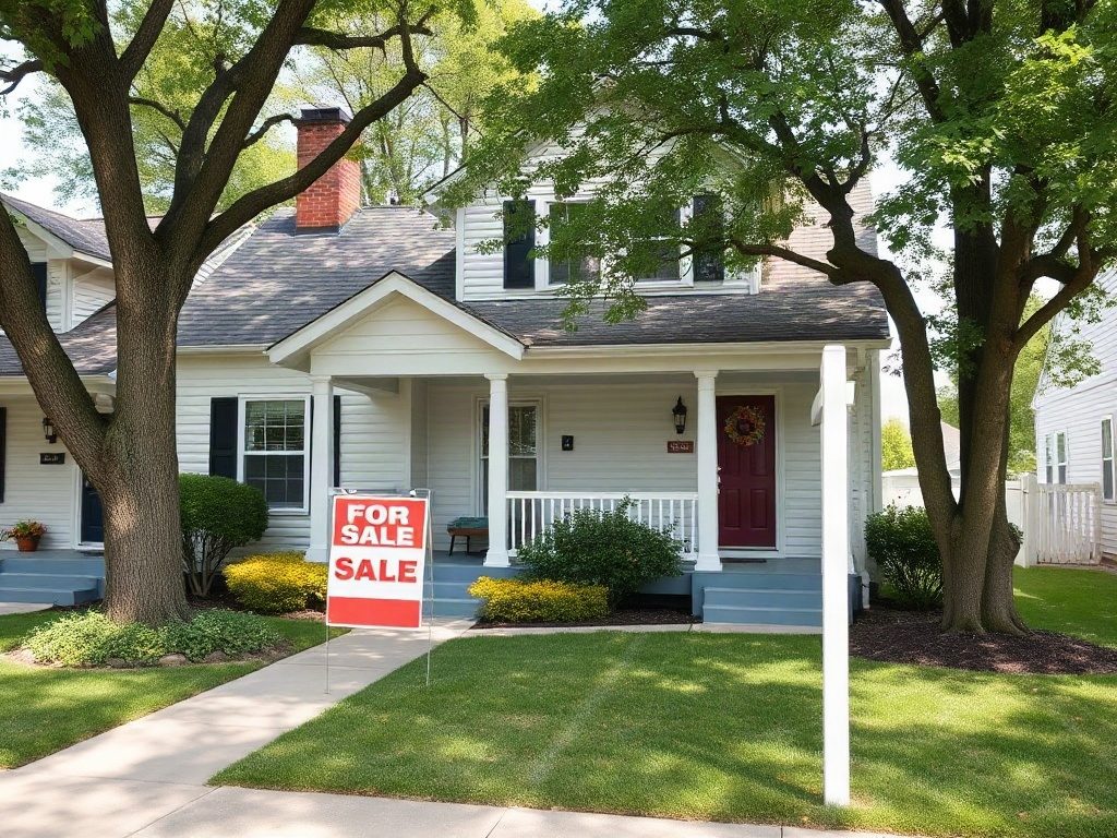 A suburban home with a for sale sign in the front yard