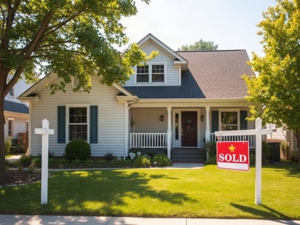 A northwest suburbs home exterior with a Sold sign on the lawn in late summer