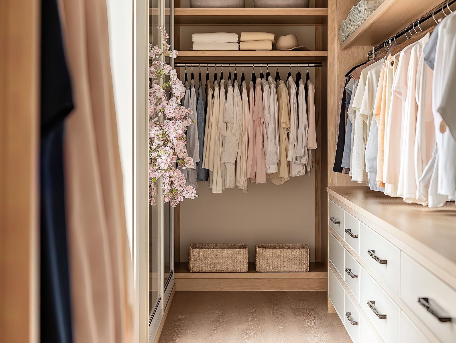 An organized, neatly styled walk-in closet