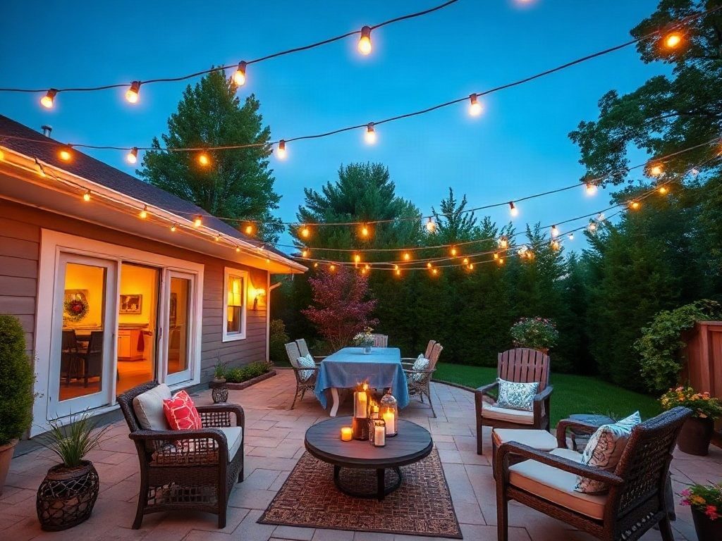 A backyard patio set up for a Fourth of July gathering